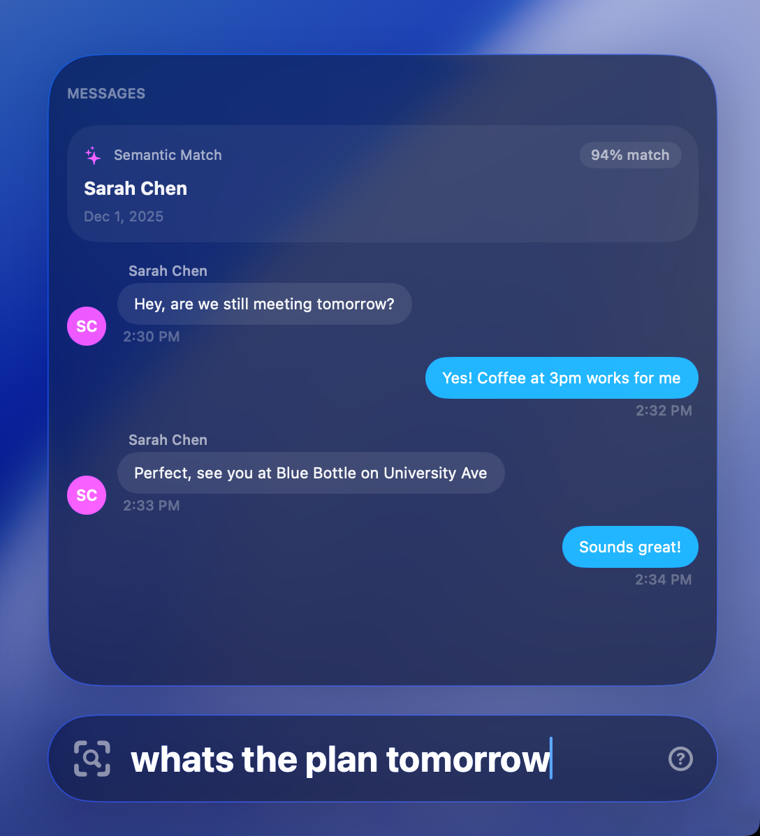 Vector semantic search showing iMessage results