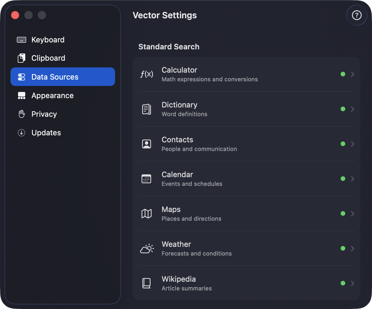 Vector settings panel showing customization options